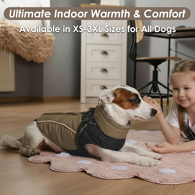 ASENKU Reflective Dog Coat with Built-in Harness, Windproof Fleece-Lined Dog Jacket for Small, Medium, Large Dogs, Warm Winter Vest with Turtleneck & Zipper (Khaki 2XL)