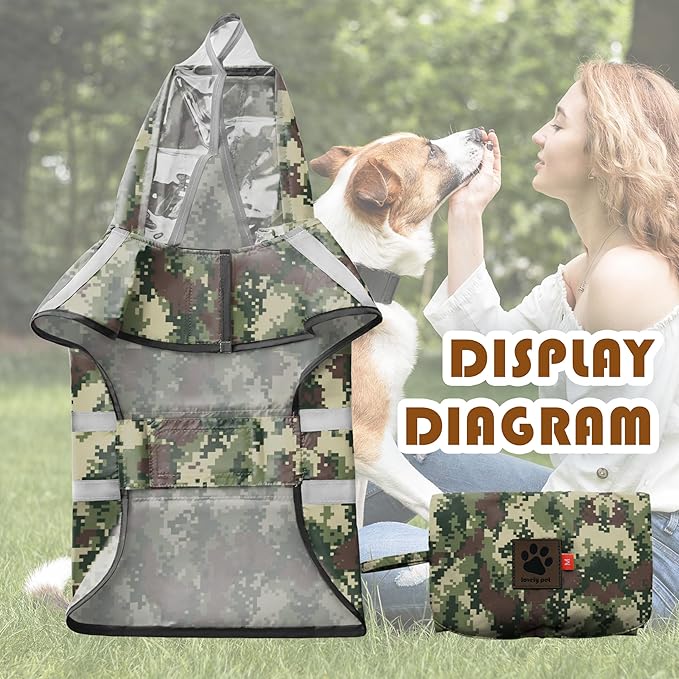 Dog Raincoat, Adjustable Rain Jacket with Hooded Double Layer for Large Medium Small Dogs Puppies, Lightweight Waterproof Rain Coat Poncho with Reflective Stripe Mosaic Camouflage Green,S