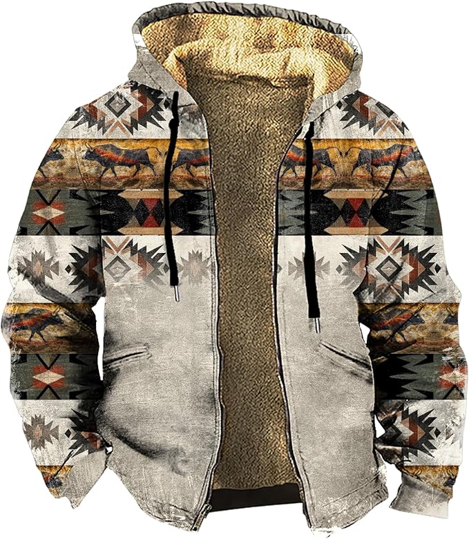 Men's Zip Up Jackets Western Style Ethnic Hoodie Hooded Vintage Long Sleeve Warm Coat Winter Outfits
