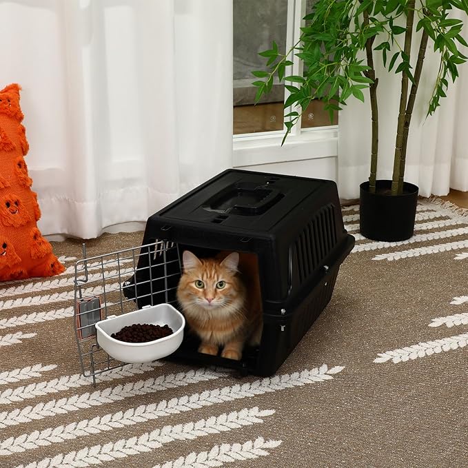 2 Set Pet Carrier for Small Dogs and Cat, Hard Shell Plastic Dog Crate with Bowl and Cooling Pad Fully Breathable Portable Kennel for Small Pet Travel Camp(Black,18.9 x 12.6 x 11.8 Inch)