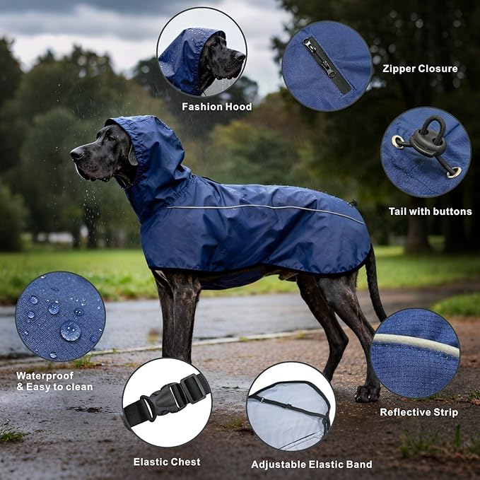 Mosucoirl Dog Raincoat Jacket Reflective Adjustable Hooded Pet Poncho Rain Coats with Leash Hole Waterproof Clothes for Small Medium Large Dogs (NavyBlue, S)