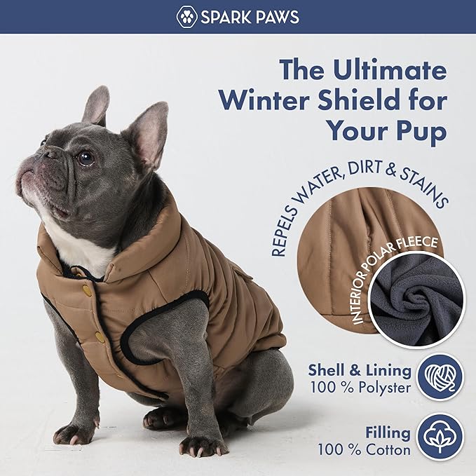 Spark Paws Dog Winter Jacket, Water-Resistant Coat, Warm Reflective Windproof Fleece-Interior, for Medium and Large Dogs - Tan - 2XL