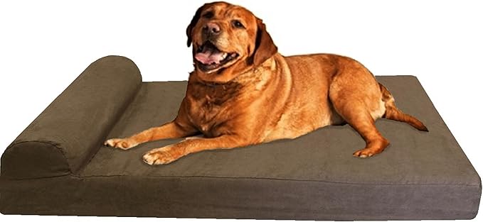 Dogbed4less Premium HeadRest Pillow Orthopedic Cool Memory Foam Dog Bed for Large Dogs, Waterproof Lining with Washable Suede Brown Cover, XXL 55X37