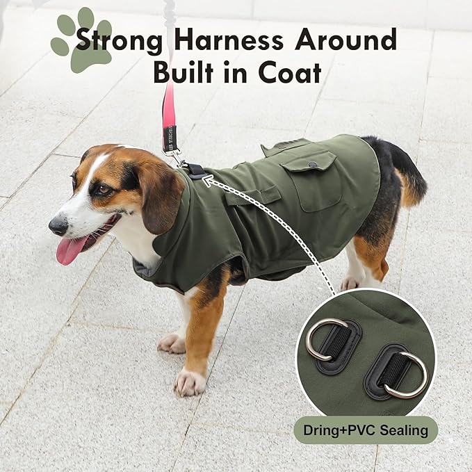 Workwear Style Dog Coats with Harness Built in for Small Dogs Windproof Warm Puppy Jacket with Storage Pockets for Cold Winter,Green M