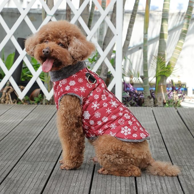 Warm Fleece Dog Coats with Durable Harness Buitl in D-Ring,Waterproof Doggie Jacket for Large Dogs,Dog Vest for Cold Winter,Red,Snow Pattern XXXL