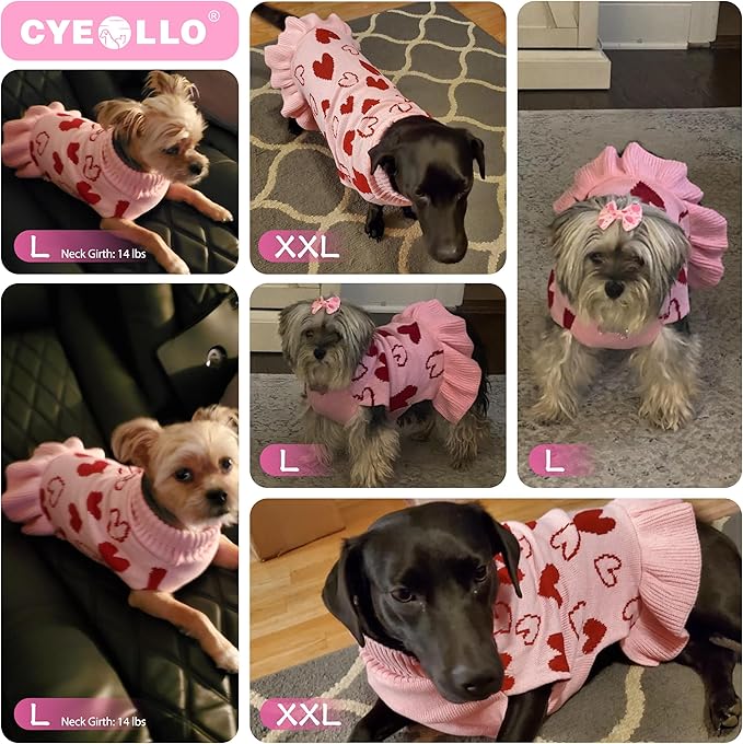 cyeollo Dog Sweater Dress Dog Clothes Pullover Turtleneck with Leash Hole Heart Pattern Holiday Outfit Female Pet Apparel Valentine Sweater for Medium Large Dogs