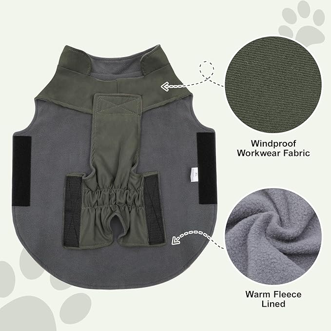 Workwear Style Dog Coats with Harness Built in for Small Dogs Windproof Warm Puppy Jacket with Storage Pockets for Cold Winter,Green XL