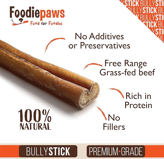 FOODIEPAWS 12 Inch Jumbo Bully Sticks for Dogs, 5 Pack |Thick, Grass-Fed Beef Pizzle Chews | All Natural, Rawhide-Free & Fully Digestible | High Protein, Long Lasting Dog Treats for Heavy Chewers