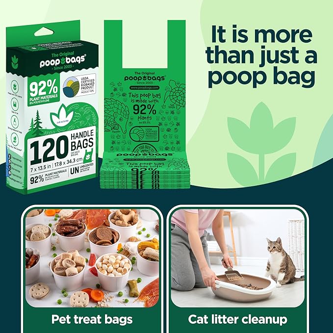 The Original Poop Bags® Tie-Handle Dog Waste Bags, 92% Plant-Based, USDA Certified, Heavy Duty, Large (360 Count (Pack of 3))