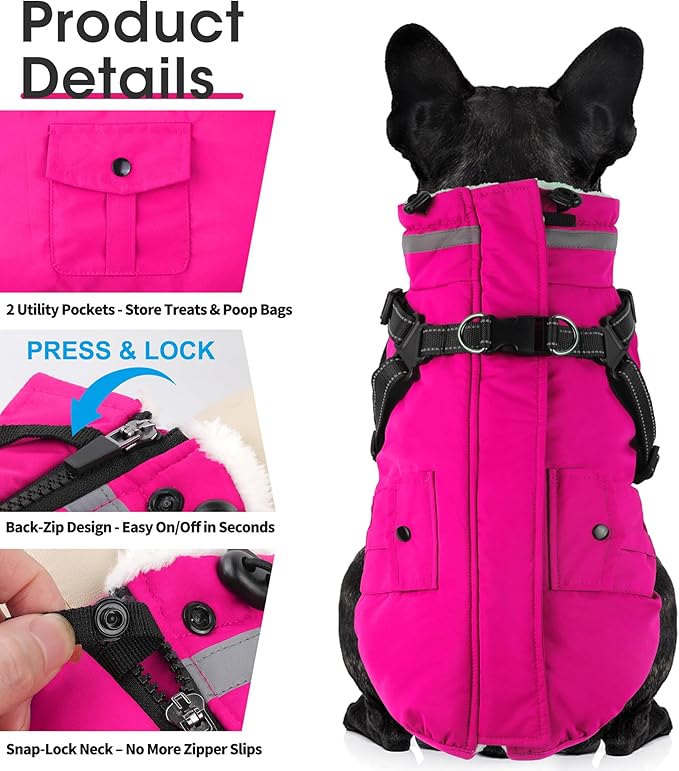 Dogcheer Dog Coat with Harness, Waterproof Warm Dog Winter Jacket with Pockets, Reflective Pet Fleece Jacket Turtleneck Snowsuit for Small Medium Large Dogs - Pink, 3XL