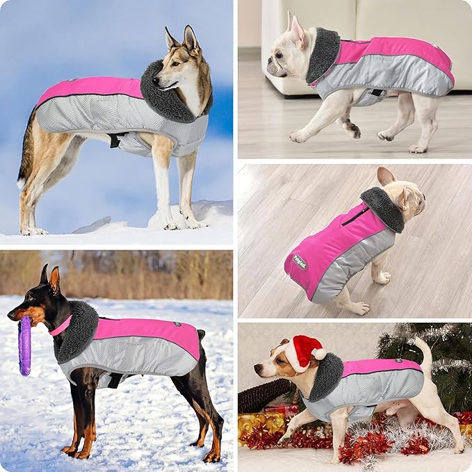 Dog Coat, Waterproof Ripstop Dog Winter Jacket with Leash Hole, Reflective Adjustable Warm Pet Fleece Snow Sweater for Small Medium Large Dogs - Pink, XL