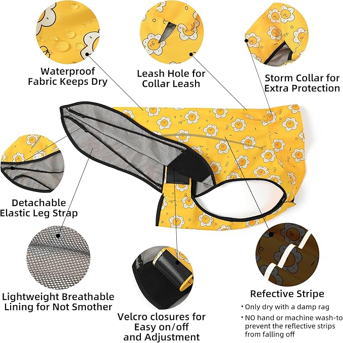 Mile High Life Dog Raincoat, Adjustable Waterproof Reflective Rain Jacket for Small Medium Large Dogs, Lightweight Breathable Pet Rain Coat with Leash Hole(Yellow Sun,XXS Chest 16-19")