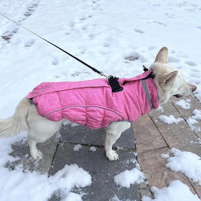 Malier Dog Coat, Reflective Dog Jacket Waterproof Windproof Puppy Cold Weather Coats with Harness Built in, Winter Extra Warm Pet Coat Fleece Vest for Small Large Pets and Puppy (Pink, XXX-Large)