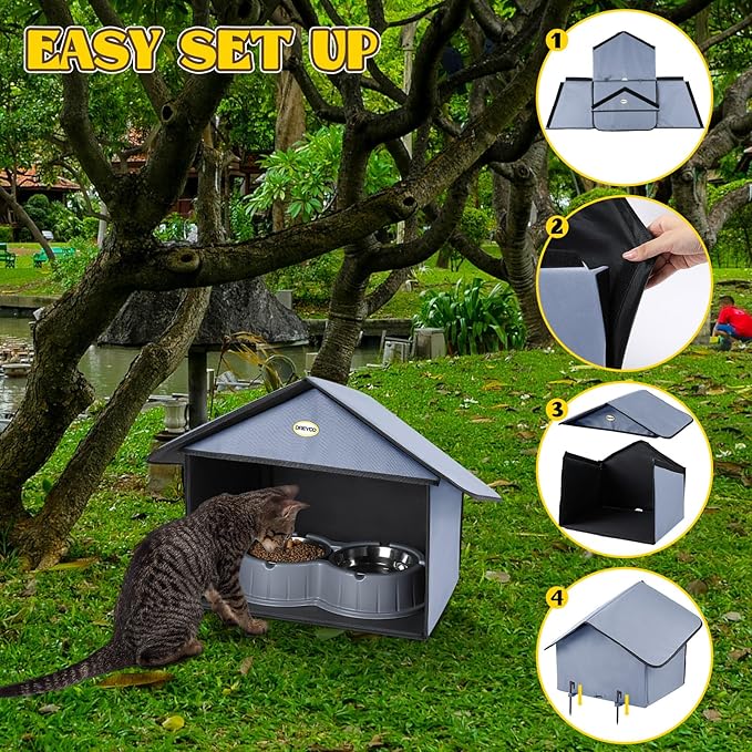 Dreyoo 1 Pack Outdoor Cat Feeding Station for Food & Water, Weatherproof Outdoor Kitty Dining Room Cat Shelter for Stray, Feral Cats and Community Cats, 13”d x 17”w x 15.5'h (Dusty Blue)