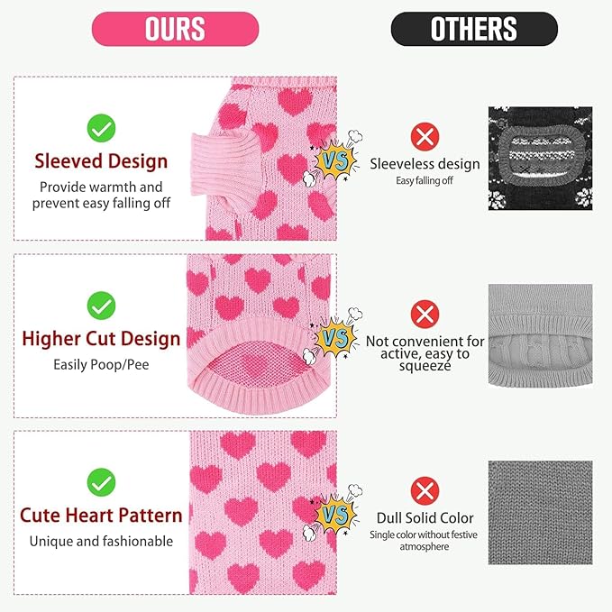 KOOLTAIL Cat Sweater Turtleneck- Soft Pink Knit Cat Sweaters for Cats Only, Heart Love Pattern Thick Warm Cold Weather Clothes, Valentine's Day Pet Outfit for Small Medium Large Size Kitten Puppy Girl