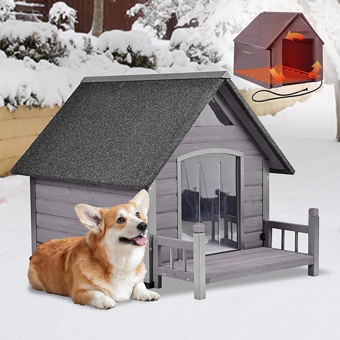 GUTINNEEN Heated Dog House Outdoor for Winter with Anti-Bite Design, Dog Kennel with Heating Blanket, Asphalt Roof, for Small to Medium Dogs - Grey