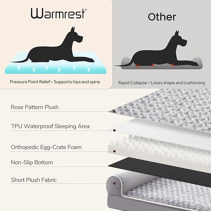 Orthopedic XL Dog Beds, Waterproof Pet Bed for Extra Large Dogs, Non-Slip Bottom and Egg-Crate Foam Large Pet Couch Sofa with Washable Removable Cover, Light Grey