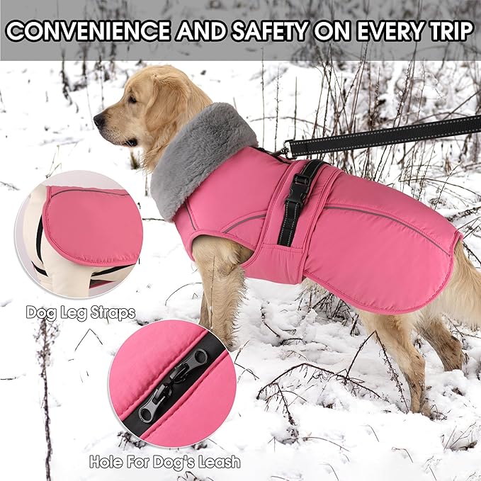 PETDSH Dog Coat Large, Windproof Dog Jacket with Warm Fleece Lining, Thickened Collar Dogs Winter Coat, Adjustable Reflective Pet Coats for Cold Weather (Pink, Large)