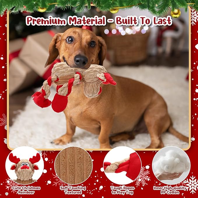 Christmas Dog Toys Tough Chew Toys for Large Dogs, Stuffed Reindeer Dog Toy with 5 Squeakers & Crinkle Paper, Squeaky Interactive Plush Toy to Keep Them Busy, Dog Gifts for Small Medium Large Dogs