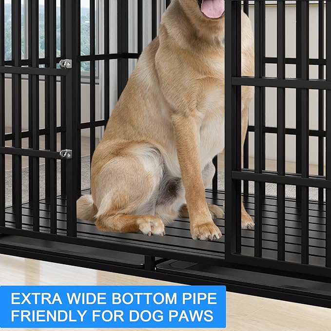 Heavy Duty Dog Crate 54 inch with Mat XL Large Pet Dog Cage Crate Kennel with Roof Top 2 Doors Removable Trays, Lockable Wheels Escape-Proof for High Anxiety Dogs (Black, 54 inch)