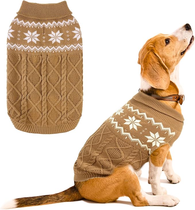 Warm Winter Dog Sweater - Cold Weather Pet Clothes for Small Medium Large Dogs Indoor Outdoor, Soft Classic Knit Puppy Apparel, Khaki, SM