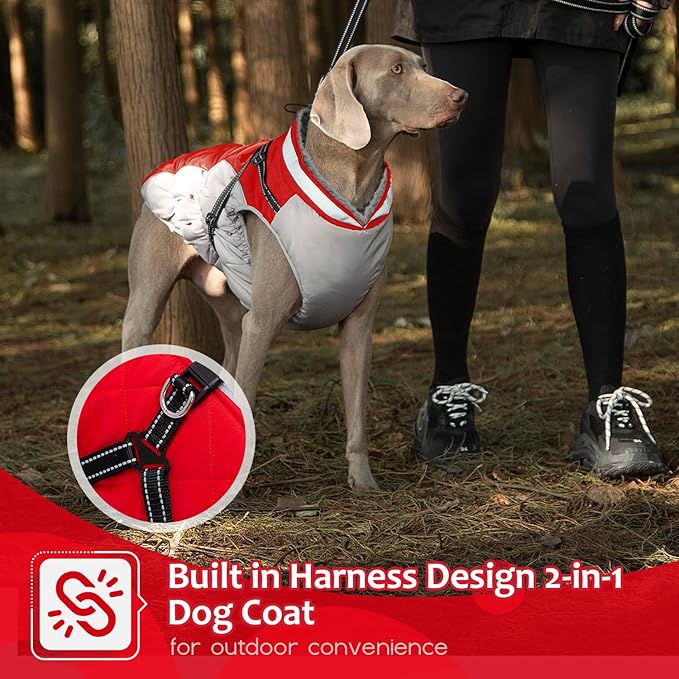Dog Winter Coat with Harness, Dog Jacket, Pet Clothes with Zipper on Back, Waterproof Windproof Warm Vest, Reflective Cold Weather Coats, for Small Medium Large Dogs, Thick, Red, 2XL