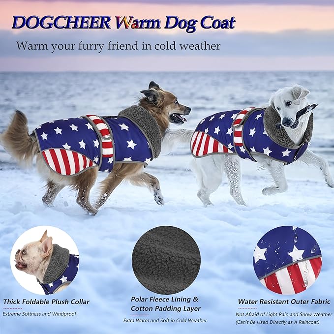 Dogcheer Dog Coat, American Flag Dog Jacket Waterproof Puppy Winter Coat for Cold Weather, Reflective Adjustable Pet Snow Jacket Fleece Sweater for Small Medium Large Dogs - USA Flag, XL