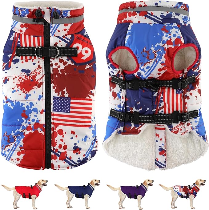 Dogcheer Dog Winter Coat, American Flag Dog Jacket with Harness, Adjustable Puppy Coat with Zipper, Waterproof Pet Fleece Jacket Snowsuit for Small Medium Large Dogs - US Flag M