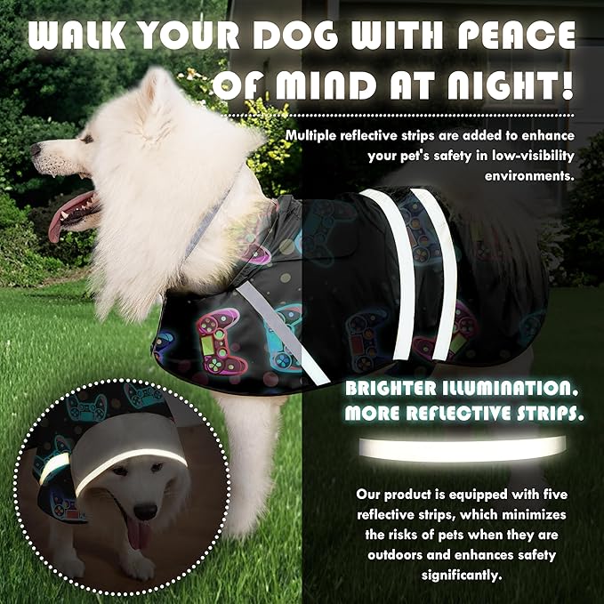 Dog Raincoat, Adjustable Rain Jacket with Hooded Double Layer for Large Medium Small Dogs Puppies, Lightweight Waterproof Rain Coat Poncho with Reflective Stripe Game Controller Black,S