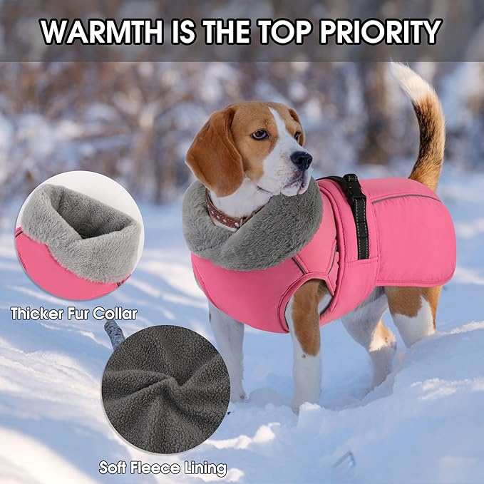 PETDSH Dog Coat Large, Windproof Dog Jacket with Warm Fleece Lining, Thickened Collar Dogs Winter Coat, Adjustable Reflective Pet Coats for Cold Weather (Pink, X-Large)