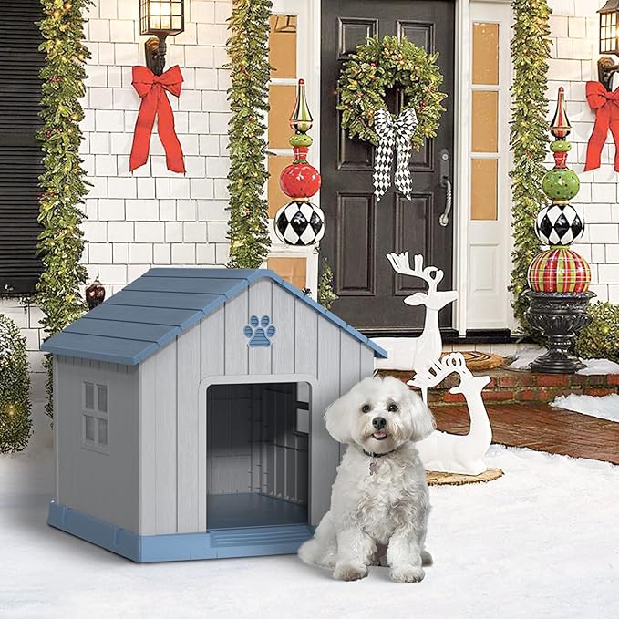 31'' Dog House Outdoor Indoor, Durable Waterproof Plastic Kennel for Small to Large Dogs, Easy Assembly with Air Vents and Elevated Floor (31.2''L x 33.5''W x 32.5''H, Blue)