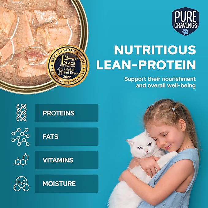 Pure Cravings Minced Tuna Wet Canned Cat Food, 100% Mercury-Tested, Moist Can Fish for Cats, Grain-Free, Protein, Non-GMO, Variety Pack, 3oz, Pack of 12