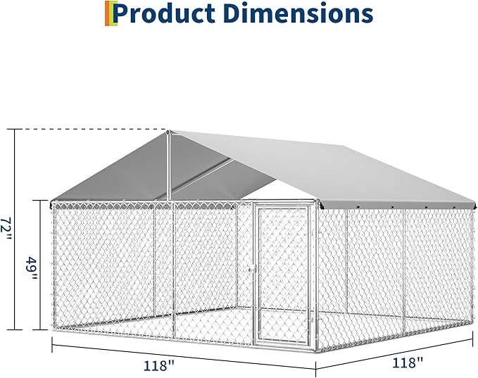 Large Outdoor Dog Kennel with Waterproof & UV-Resistant Roof, Galvanized Dog Kennel, Heavy Duty Dog Playpen for Outside Backyard Farm Use, 10x10x6ft