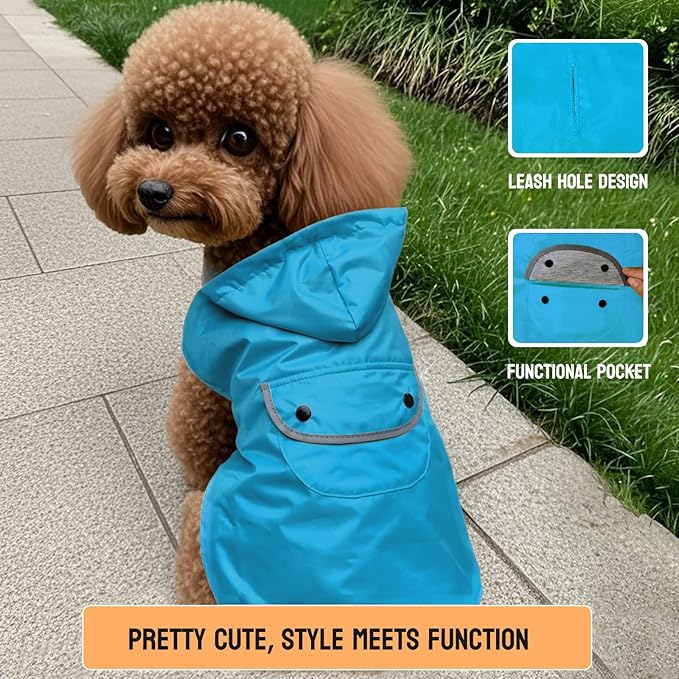 Small Dog Raincoat Dogs Rain Jacket for Puppy Reflective Poncho Rainwear Waterproof Pet Clothes Warm Lined Pocket Hooded Leash Hole Adjustable Puppy,Blue,XS,Back Length 6.3 Inch