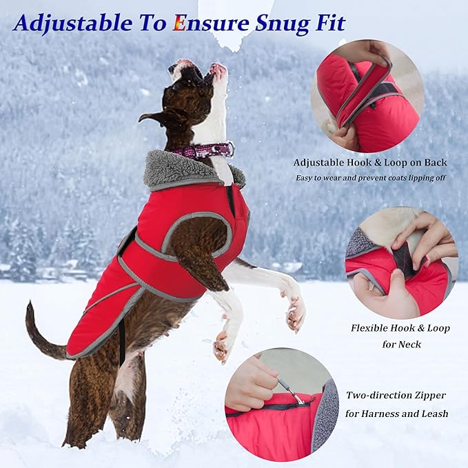 Dogcheer Dog Coat, Waterproof Dog Jacket Reflective Pet Winter Coat with Adjustable Hook & Loop, Christmas Puppy Fleece Jacket Warm Turtleneck Snowsuit for Small Medium Large Dogs - Red, XL
