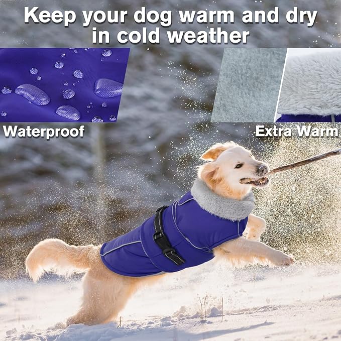 Lelepet Warm Dog Winter Coat Waterproof Dog Jacket with Adjustable Buckle & Leash Hole Reflective Pet Fleece Snowsuit Turtleneck Windproof Cold Weather Coats, Blue, XXL