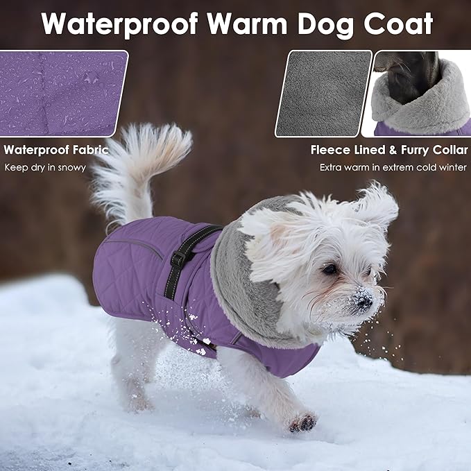 Dog Coat, Waterproof Dog Winter Jacket with Adjustable Buckle, Reflective Turtleneck Pet Snow Vest Warm Fleece Sweater for Small Medium Large Dogs - Purple, 2XL