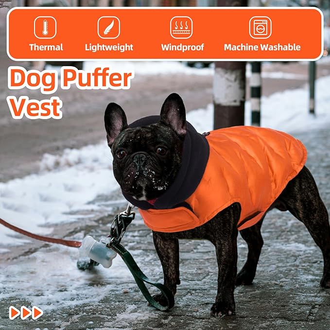 Nanaki Small Dog Puffer Jacket with Leash Hole, Warm Winter Coat Dog Puffer Coat Reflective, Lightweight Windproof Snowsuit for Hiking Walking Outdoor Activities, Halloween Christmas Easy on, Orange