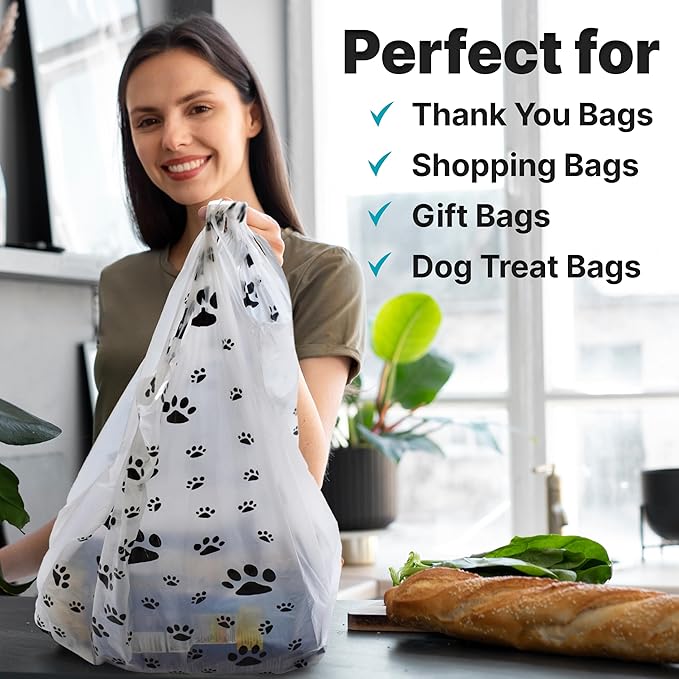 T-Shirt Bags – Paw Print Design - 50 Pack - Thank You & Shopping Bags - Cat or Dog - 22" L x 12" W x 7" Plastic (White, 50)