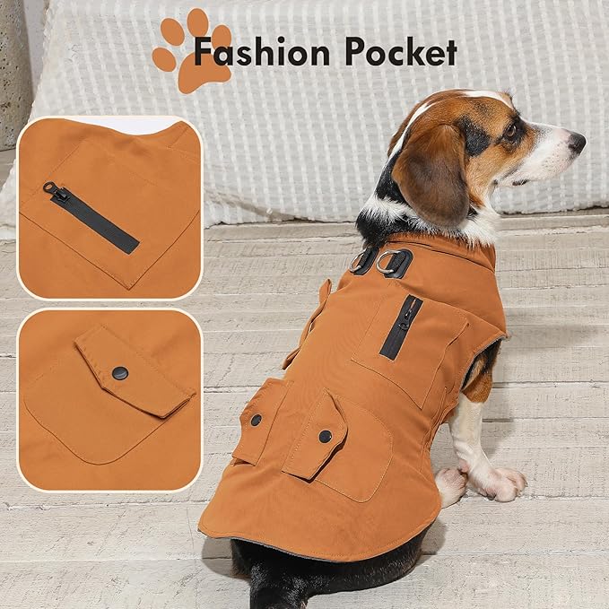 Workwear Style Dog Coats with Harness Built in for Small Dogs Windproof Warm Puppy Jacket with Storage Pockets for Cold Winter,BrightBeige XL