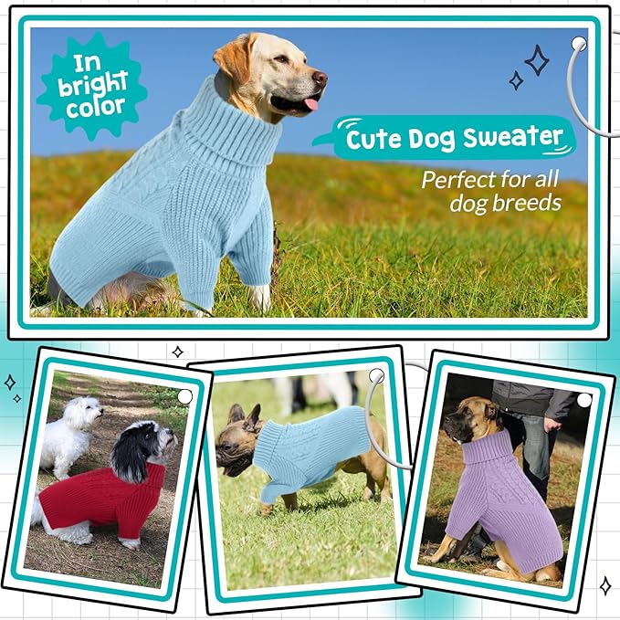 Queenmore Dog Sweater, Puppy Sweater for Small Dogs,Warm Winter Fall Dog Sweaters for Dog Girls Boys, Solid Turtleneck Knit Sweater for Large Medium Dogs,Long Sleeves Christmas Dog Sweater Blue,M