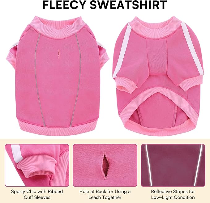 Queenmore Fleece Dog Sweater for Girl Dogs, Pullover Pink Dog Sweatshirt Sweatshirt with Leash Hole, Reflective Stripes – Cozy Winter Fleece Jacket for Small/Medium/Large Femal Puppy XS