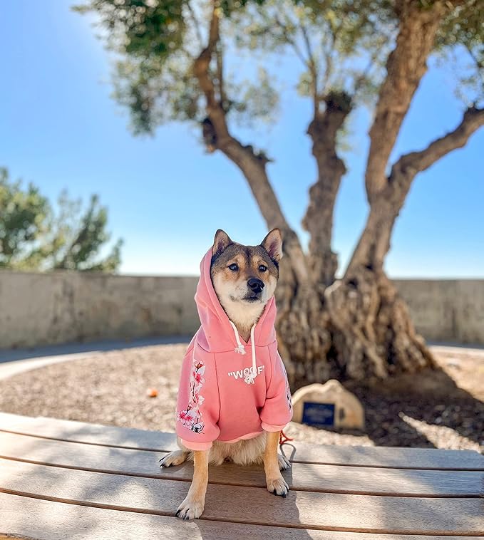 ChoChoCho Woof Dog Hoodie, Designer Dog Hoodies for Small Medium Large Breeds, Art Collection Dog Sweatshirts, Street Drawstring Hoodies Outfit Clothes for Puppy Puppies (S, Sakura/Pink)