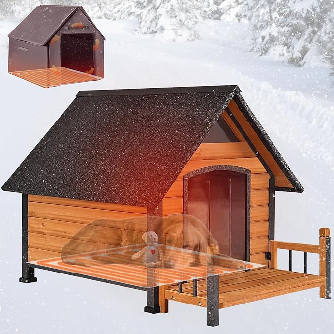 Dog House Outdoor, Insulated Dog Kennel Outside for Large Breed, 50.87" L Weatherproof Large Dog Shelter with Anti-Chewing Iron Frame (Brown-H, 45" D x 32.9" W x 32.6" H)