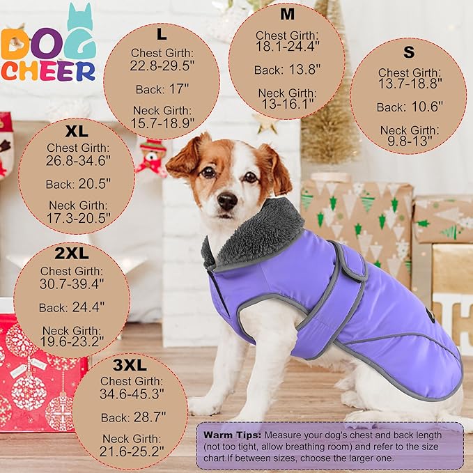 Dogcheer Dog Coat, Waterproof Dog Jacket Reflective Pet Winter Coat with Adjustable Hook & Loop, Christmas Puppy Fleece Jacket Warm Turtleneck Snowsuit for Small Medium Large Dogs - Taro Purple, L