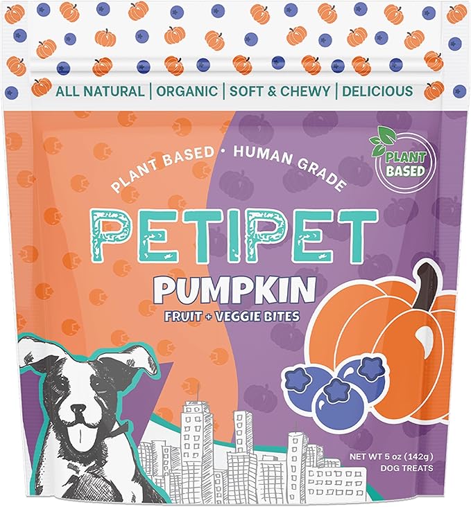 PETIPET Plant-Based Pumpkin Dog Treats - Pumpkin, Carrot, Apple, and Blueberry Soft & Chewy - Vegetarian, Vegan Dog Treats with Organic Ingredients - Low-Protein, Hypoallergenic, Gluten-Free