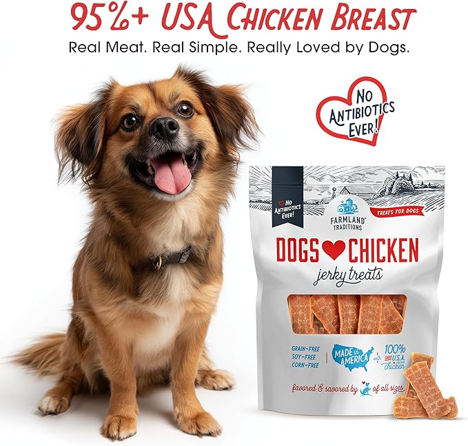 Farmland Traditions Dogs Love Chicken Jerky Dog Treats, Premium Two-Ingredient Dog Jerky with USA-Raised Chicken & No Antibiotics Ever, 3-Pound Bag