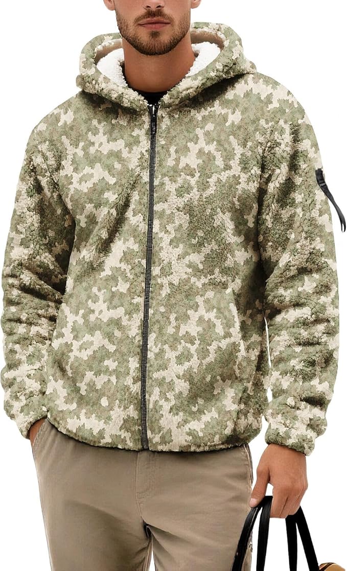 Men's Camouflage Hunting Fleece Lined Hoodie Camo Jackets Zip Up Long Sleeve Casual Winter Coats Hood Outerwear