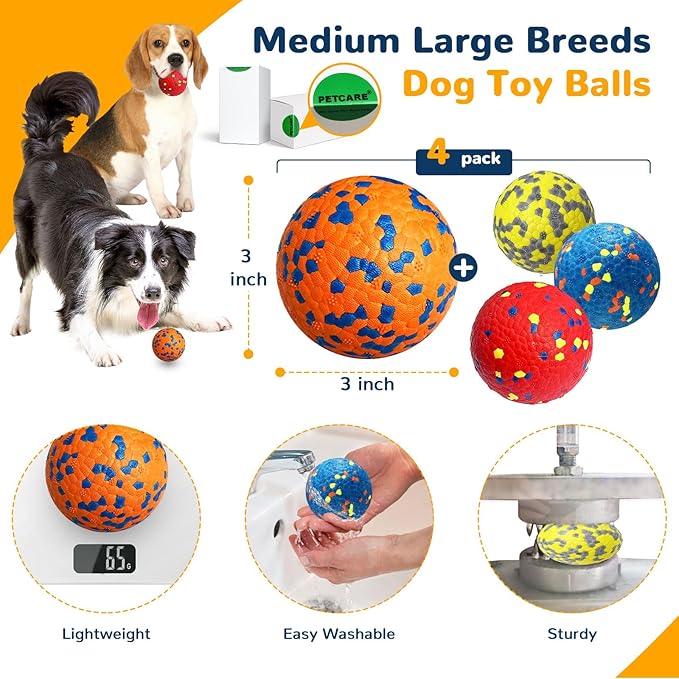 Petcare 4 Pack Dog Balls Indestructible Dog Toys for Aggressive Chewers Durable Tough Tennis Balls Toys for Medium Large Dogs Outdoor Outside Fetching Toys for Big Dogs Chew Ball
