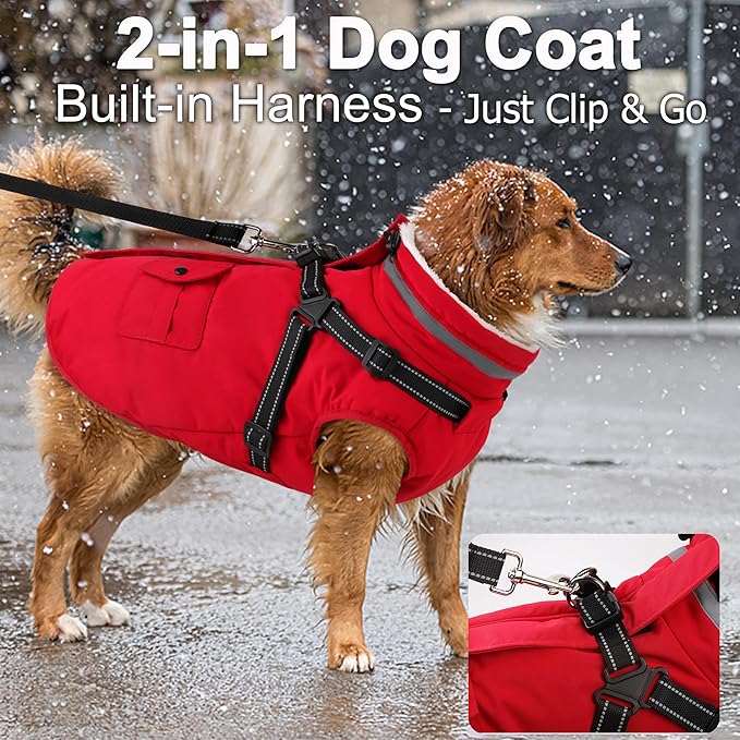 Dogcheer Dog Coat with Harness, Waterproof Warm Dog Winter Jacket with Pockets, Reflective Pet Fleece Jacket Turtleneck Snowsuit for Small Medium Large Dogs - Red, S